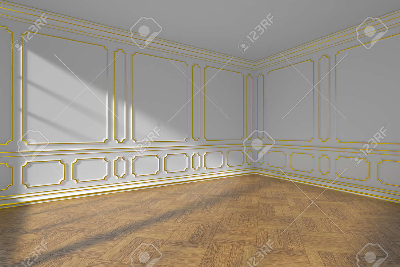 White Empty Room Interior With Sunlight From Window Golden