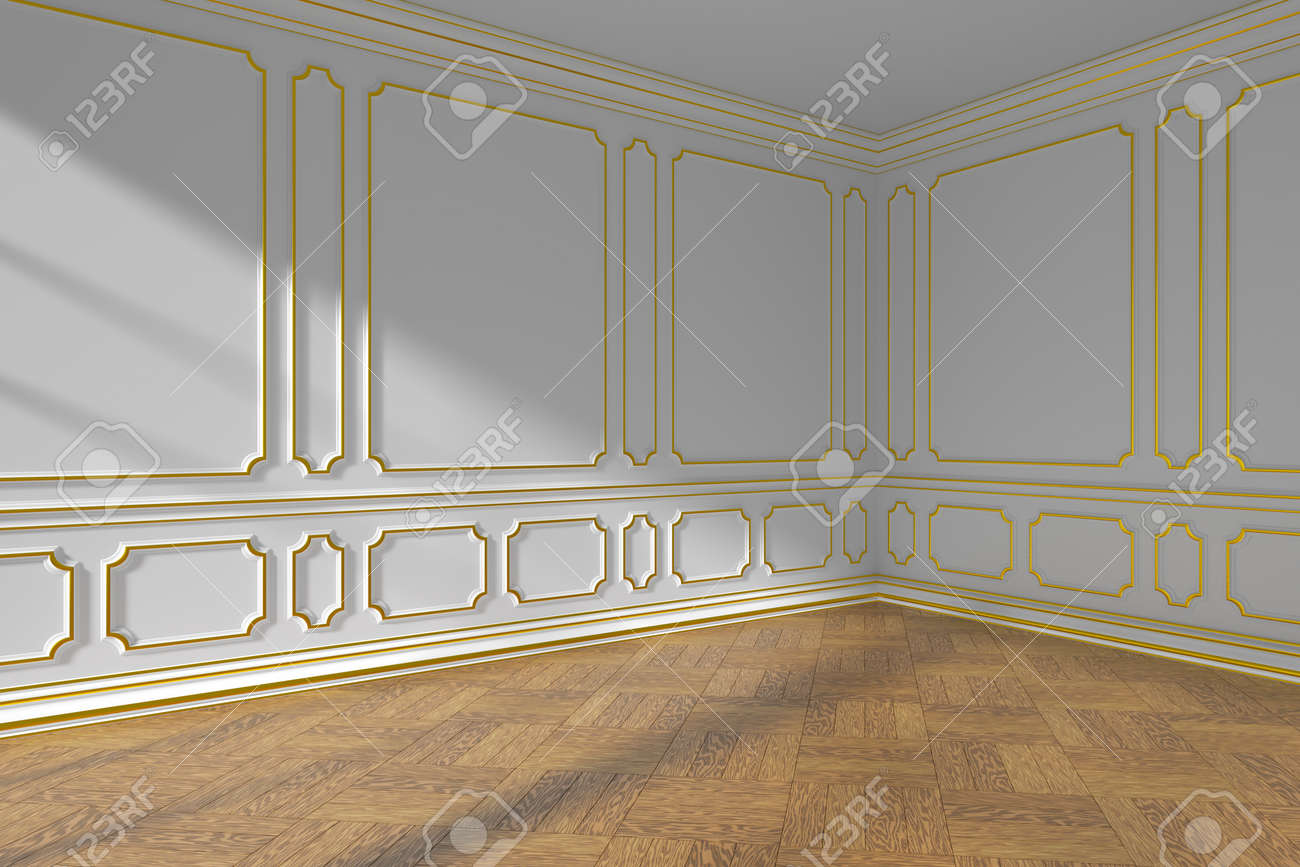 White Empty Room Corner Interior With Sunlight From Window Golden