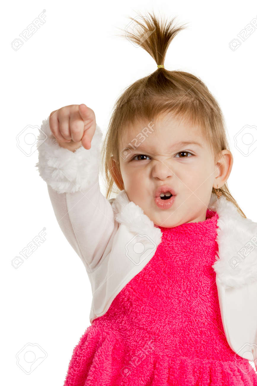 Little cute girl in a red dress shows the forefinger forward the camera closup isolated on a white background - 34679535 Little cute girl in a red dress shows the forefinger forward the camera closup isolated on a white background - 34679535