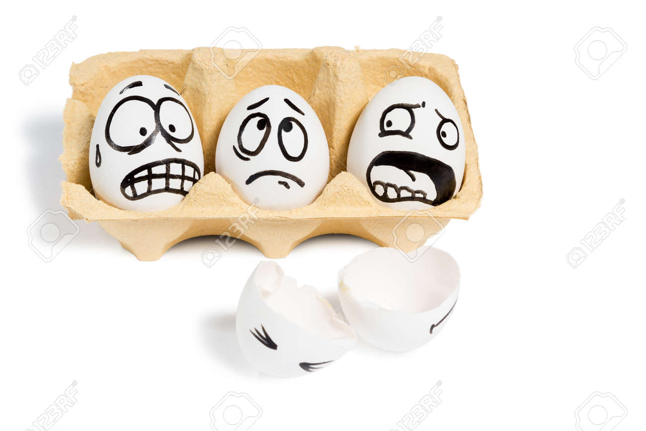 Three eggs with frightened faces looking at a broken egg lying near isolated on white background - 37496589 Three eggs with frightened faces looking at a broken egg lying near isolated on white background - 37496589
