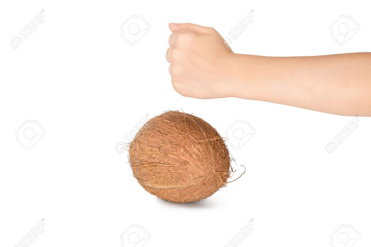 Hand clenched in a fist breaks a ripe coconut isolated on white background - 59616595 Hand clenched in a fist breaks a ripe coconut isolated on white background - 59616595