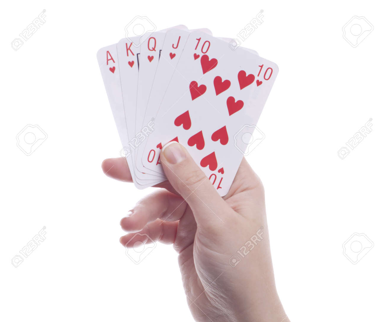 梨花の手持ち株トランプ ロイヤル フラッシュ 分離されました の写真素材 画像素材 Image