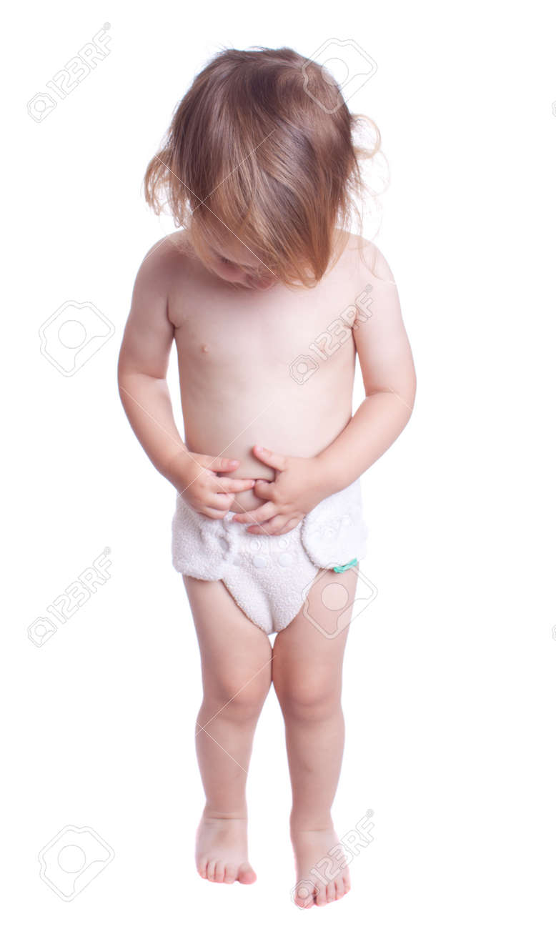 有機おむつの肖像画と小さな女の子 白で隔離されます の写真素材 画像素材 Image