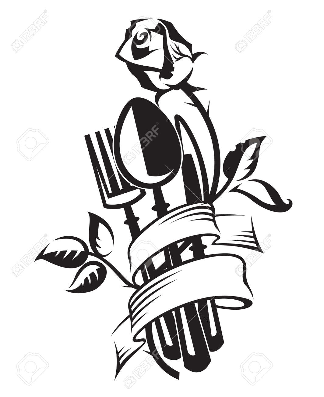 ナイフ フォーク スプーン ローズの白黒イラスト のイラスト素材 ベクタ Image