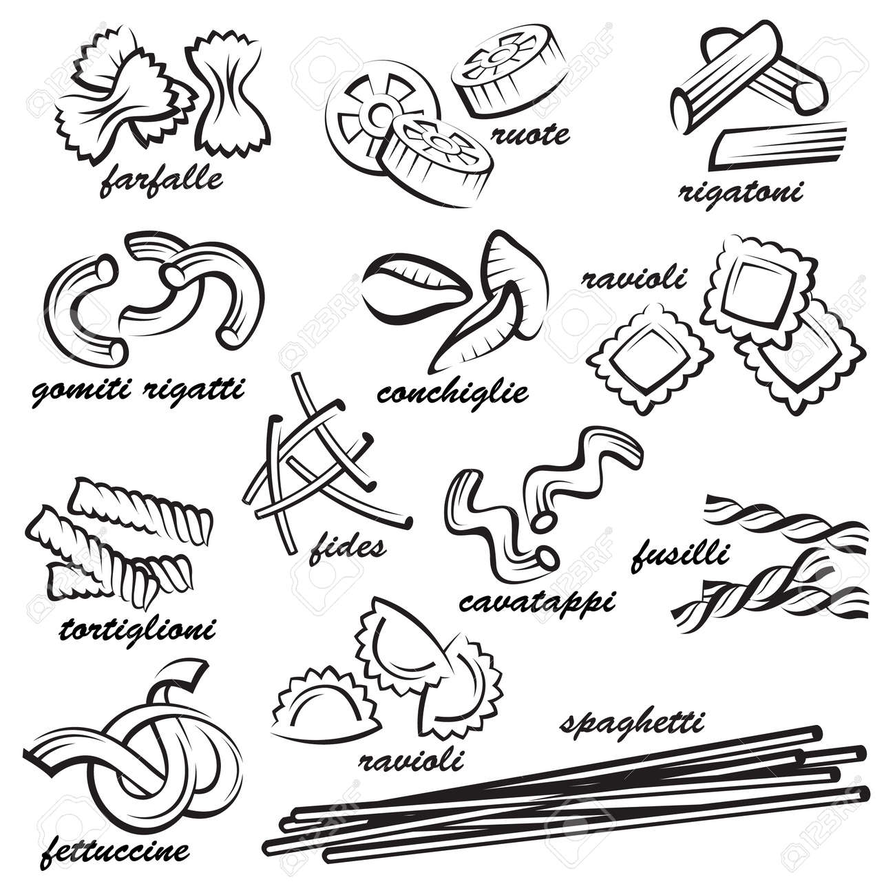 Schwarz Weiss Set Von Verschiedenen Pasta Elemente Lizenzfrei Nutzbare Vektorgrafiken Clip Arts Illustrationen Image
