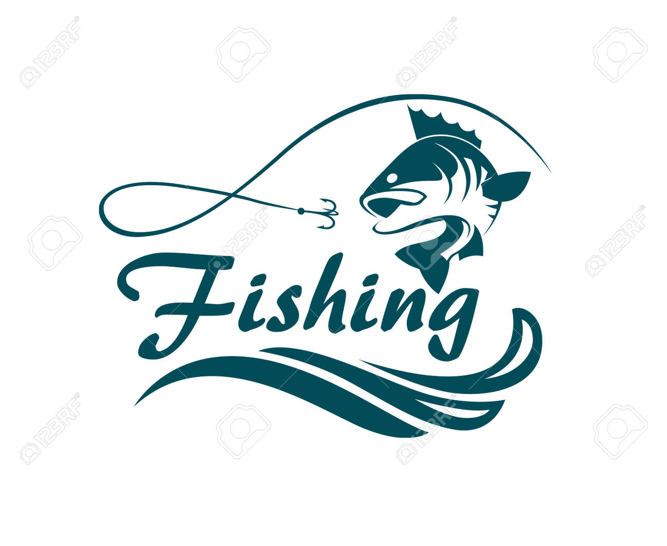 Fishing emblem with bass, waves and hook - 83681714 Fishing emblem with bass, waves and hook - 83681714