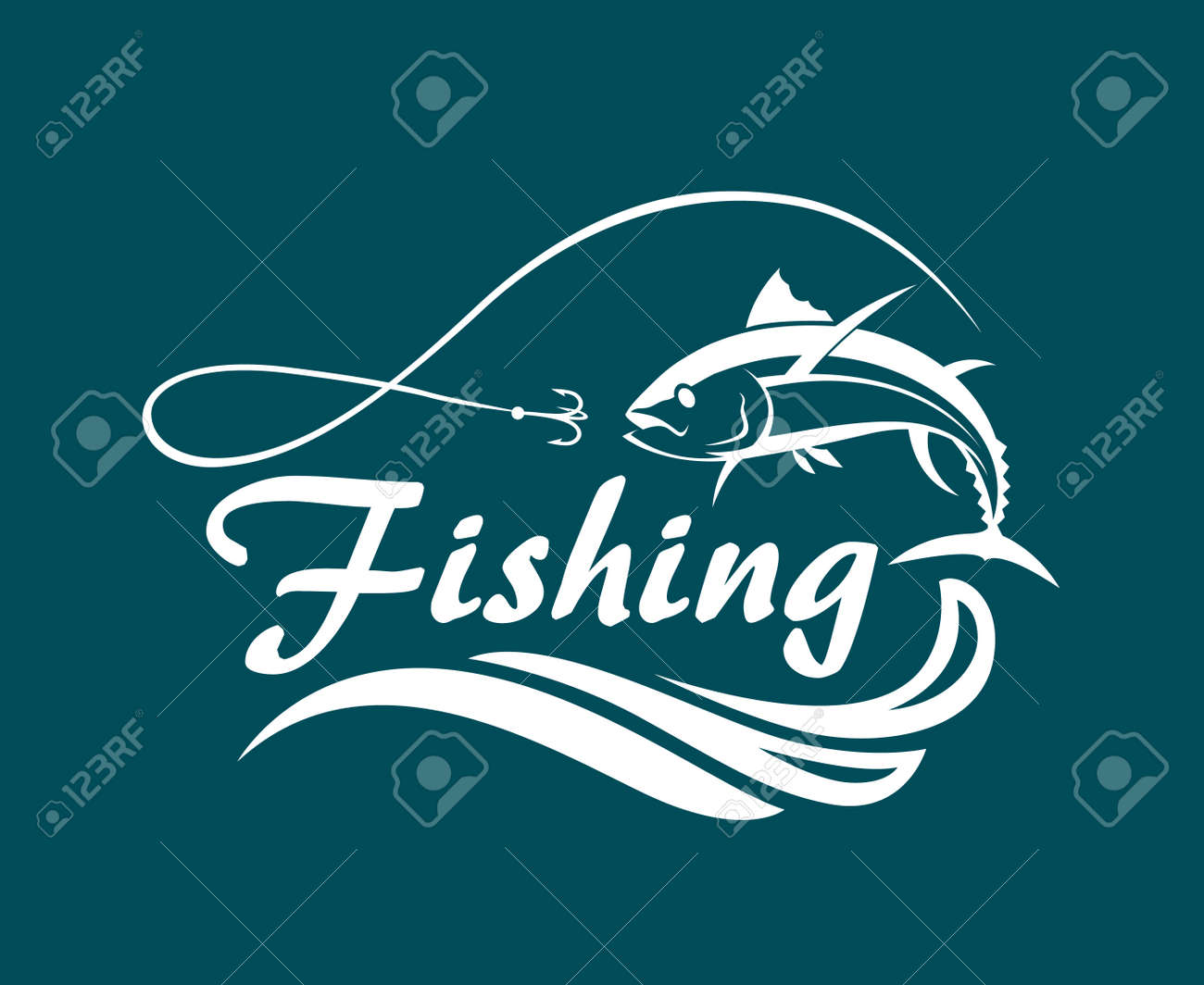 ツナ 波とフックのエンブレムを釣りのイラスト素材 ベクタ Image