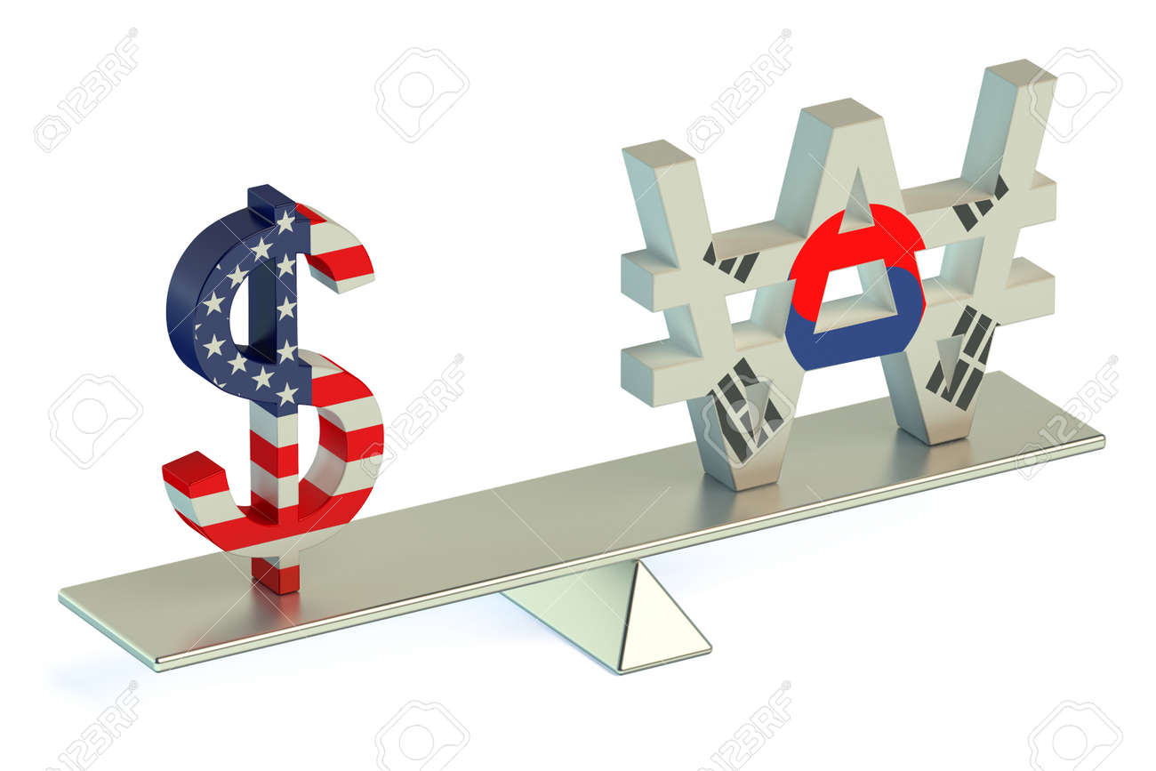 ドル、韓国ウォン、白い背景で隔離米ドル/ウォン バランス概念の写真素材・画像素材 Image 46047103