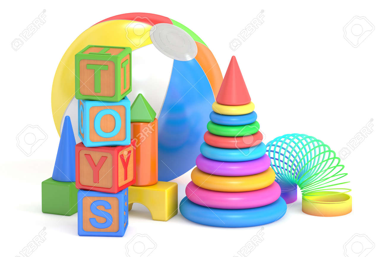 Concepto de juguetes para niños, representación 3D aislada en el fondo blanco Concepto de juguetes para niños, representación 3D aislada en el fondo blanco