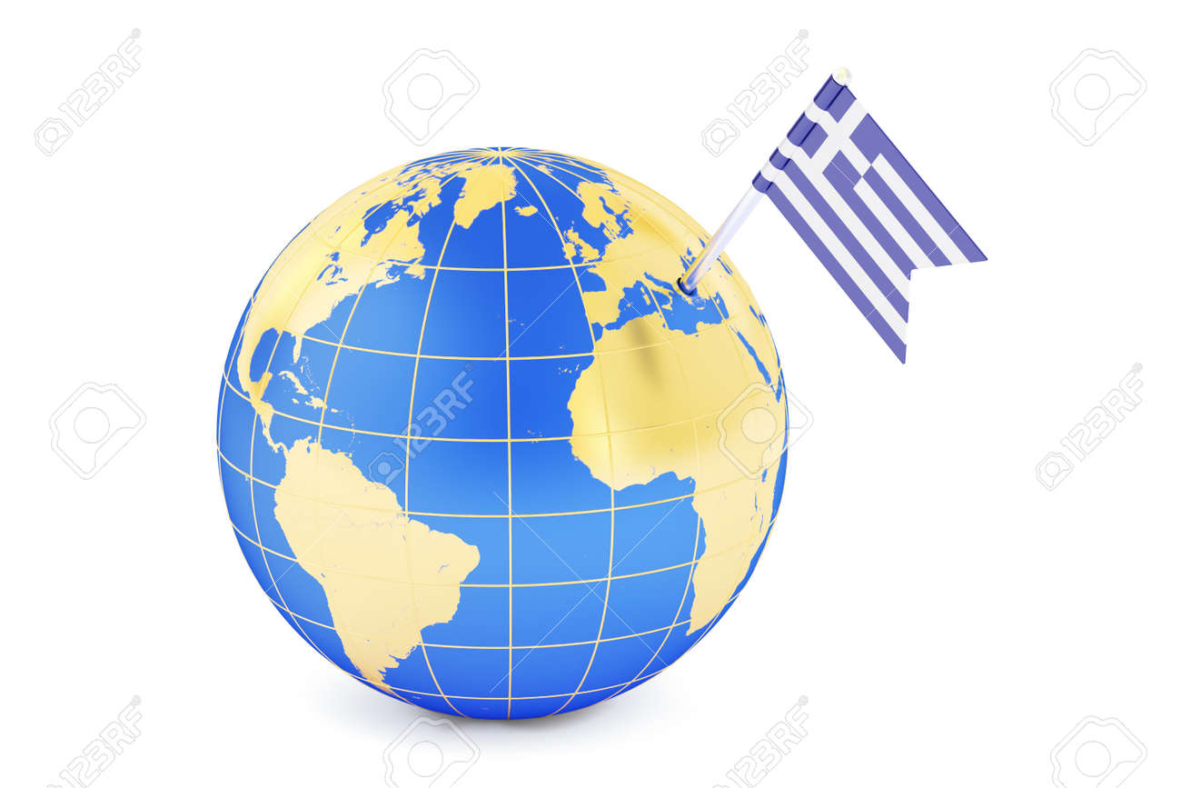 greek pin flag on globe map 3d rendering globe map 3d
