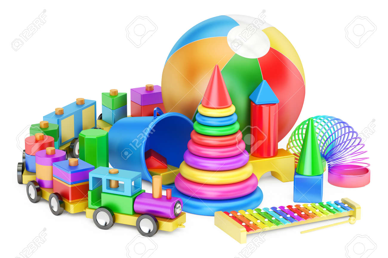 Concepto de juguetes para niños, representación 3D aislada en el fondo blanco Concepto de juguetes para niños, representación 3D aislada en el fondo blanco