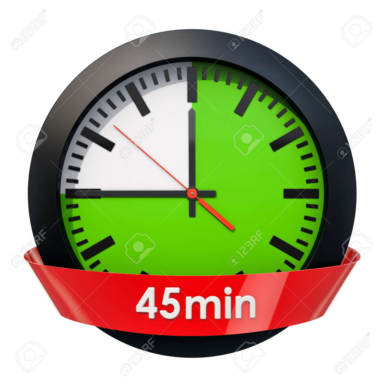 clock face with 45 minutes timer 3d rendering isolated on white