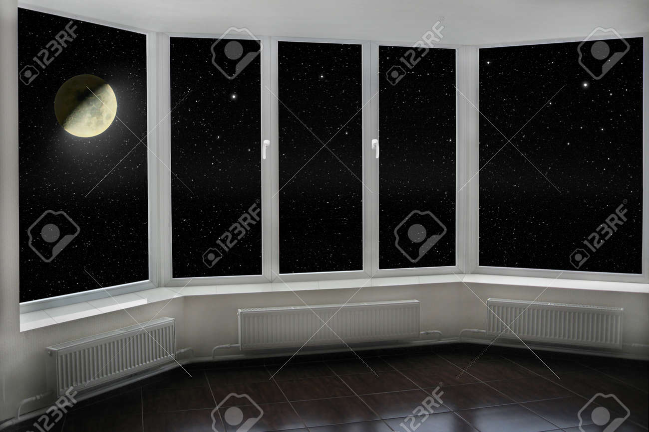 View From Window To Night Sky With Stars And Shining Moon Window