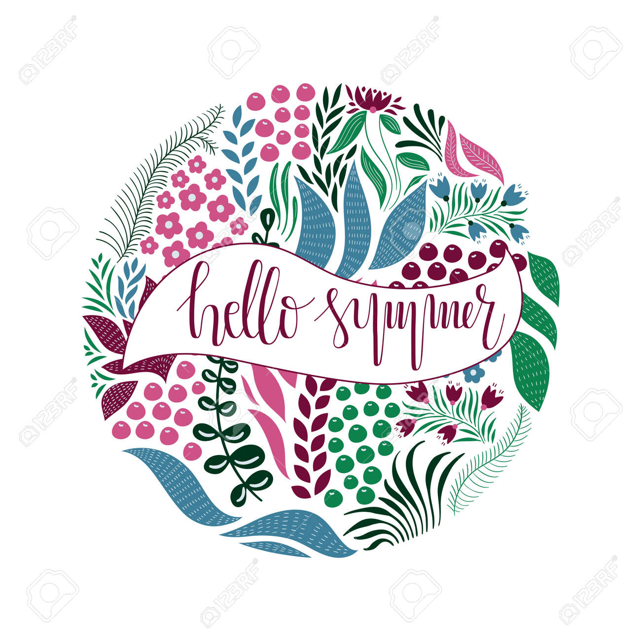 Vector Circle Pattern with Flowers, Berries, and Leaves. Hand Lettering Text. Hello Spring. Spring Greeting Card Design - 136245745 Vector Circle Pattern with Flowers, Berries, and Leaves. Hand Lettering Text. Hello Spring. Spring Greeting Card Design - 136245745