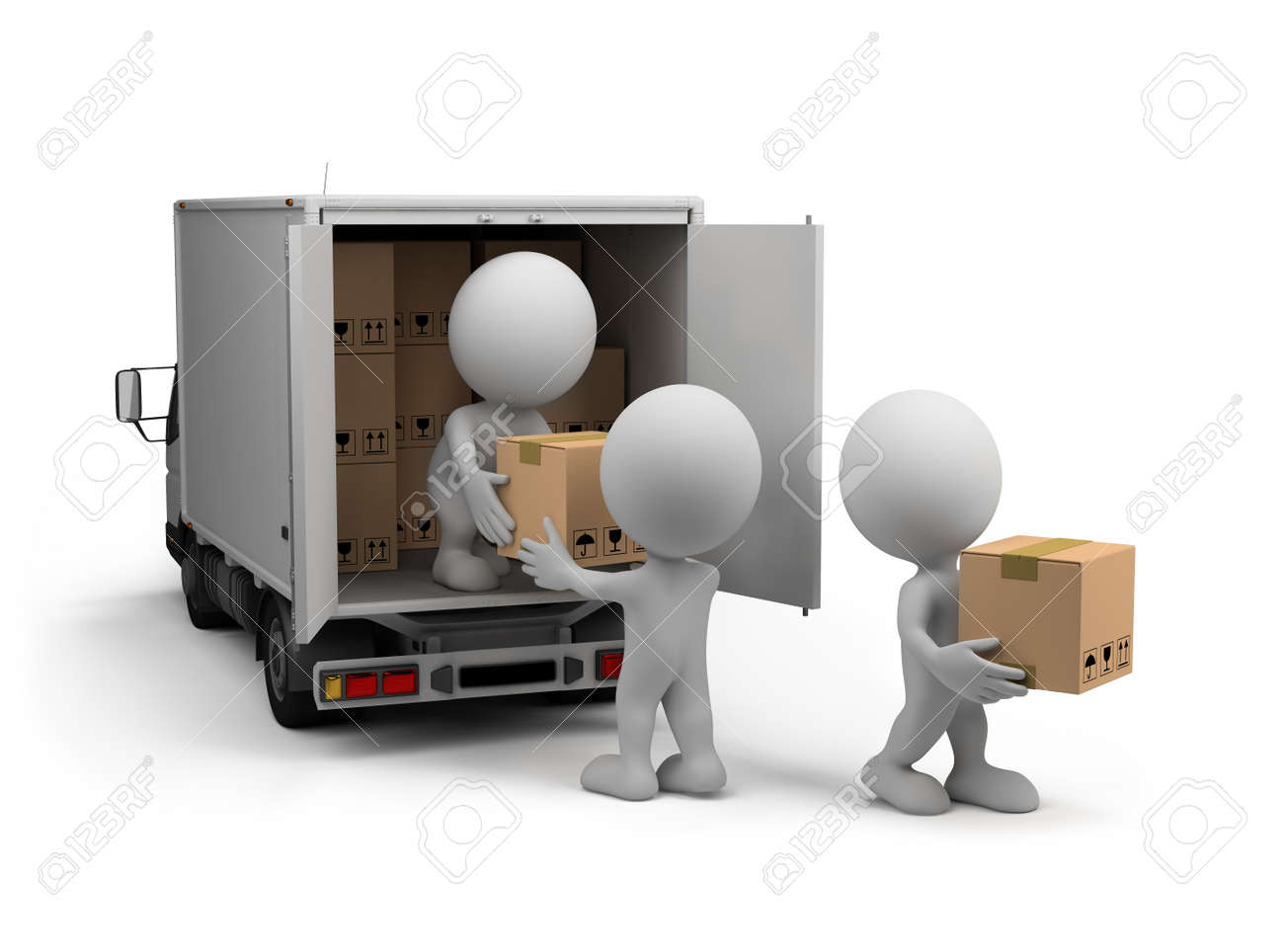 workers unload the car with boxes 3d image white background stock