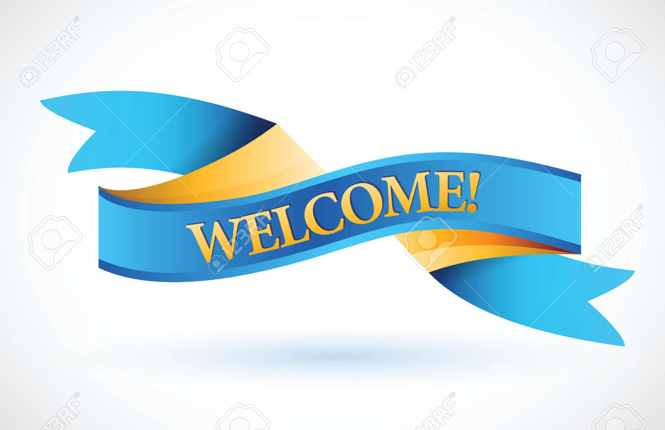 welcome blue waving ribbon banner illustration design over white welcome banner design