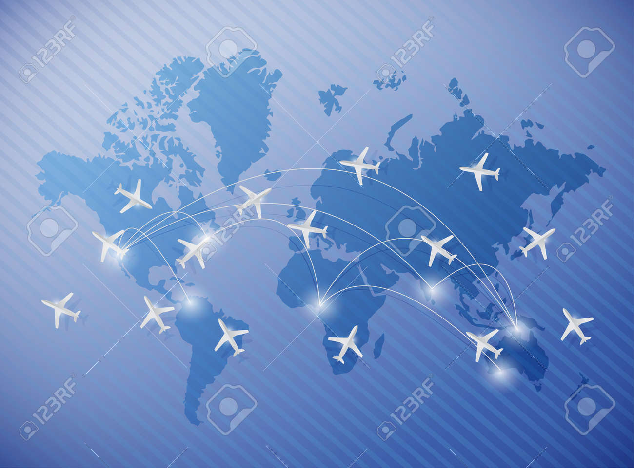Aviones Volando Sobre Un Mapa Del Mundo De La Ilustración Sobre Un Fondo Azul Fotos Retratos Imágenes Y Fotografía De Archivo Libres De Derecho Image 24655352