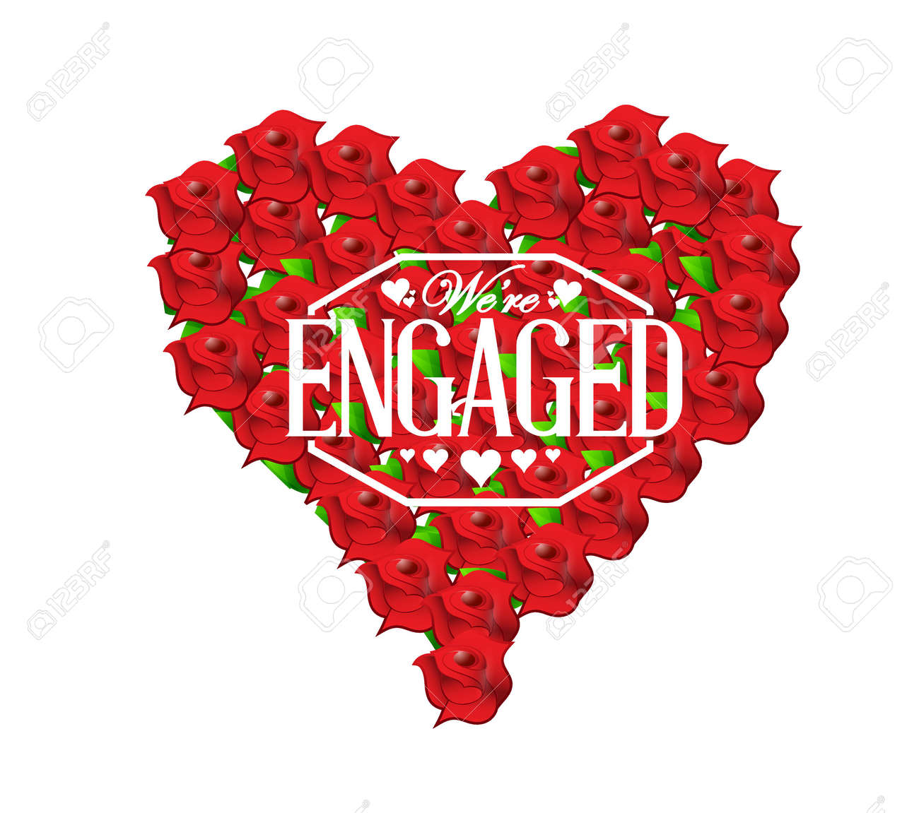 we are engaged sign stamp red roses heart illustration design