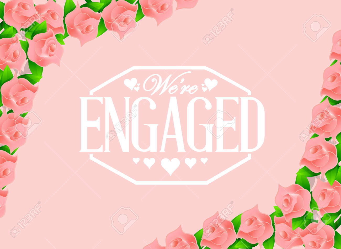 we are engaged stamp over pink roses background illustration