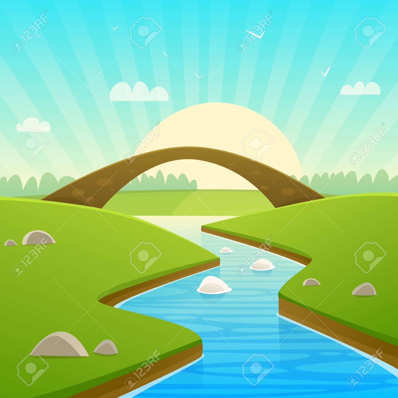 Ilustración De Dibujos Animados De Paisaje De Campo Con Puente De Piedra.  Ilustraciones Svg, Vectoriales, Clip Art Vectorizado Libre De Derechos.  Image 60637886.