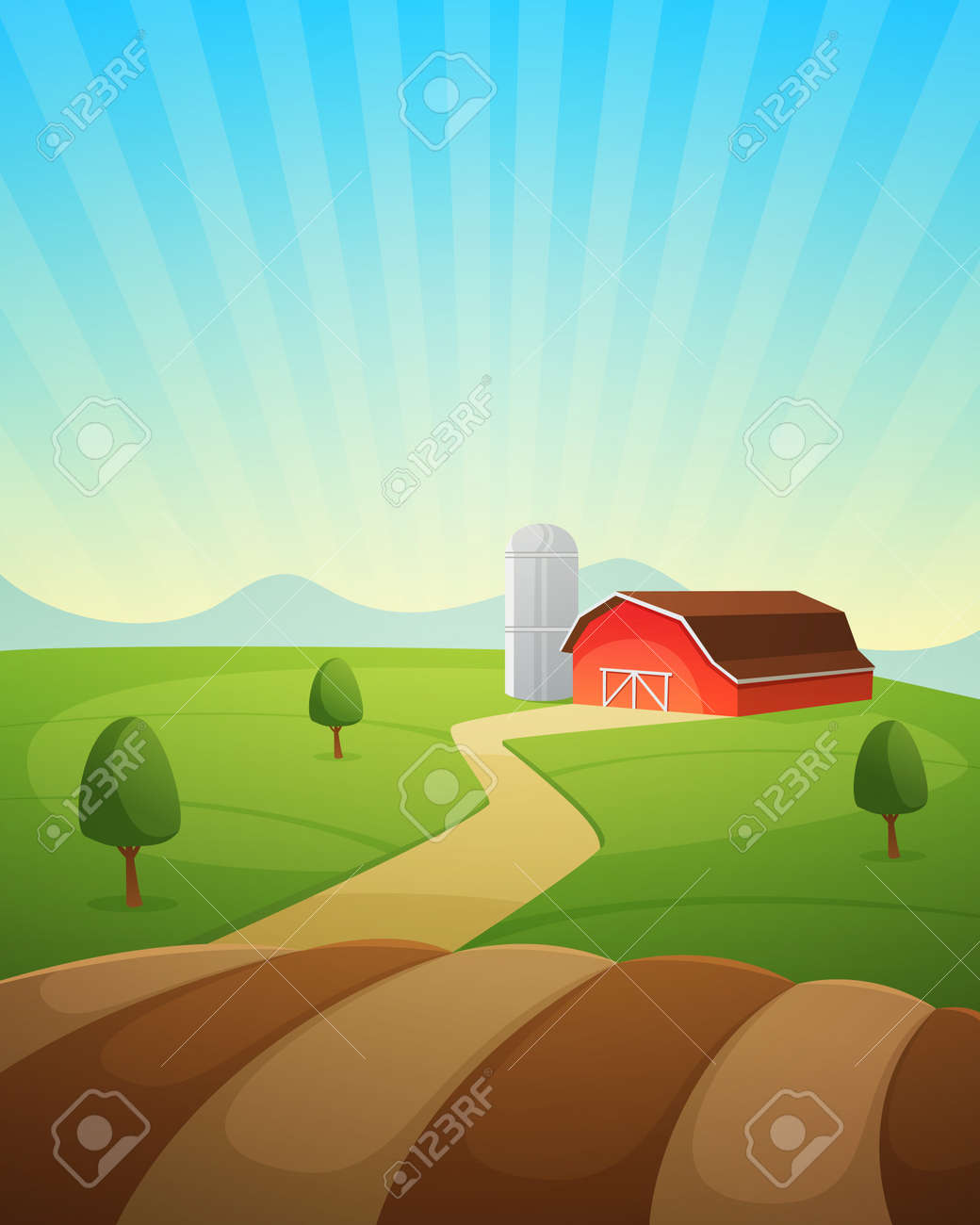 red farm barn countryside landscape cartoon vector illustration