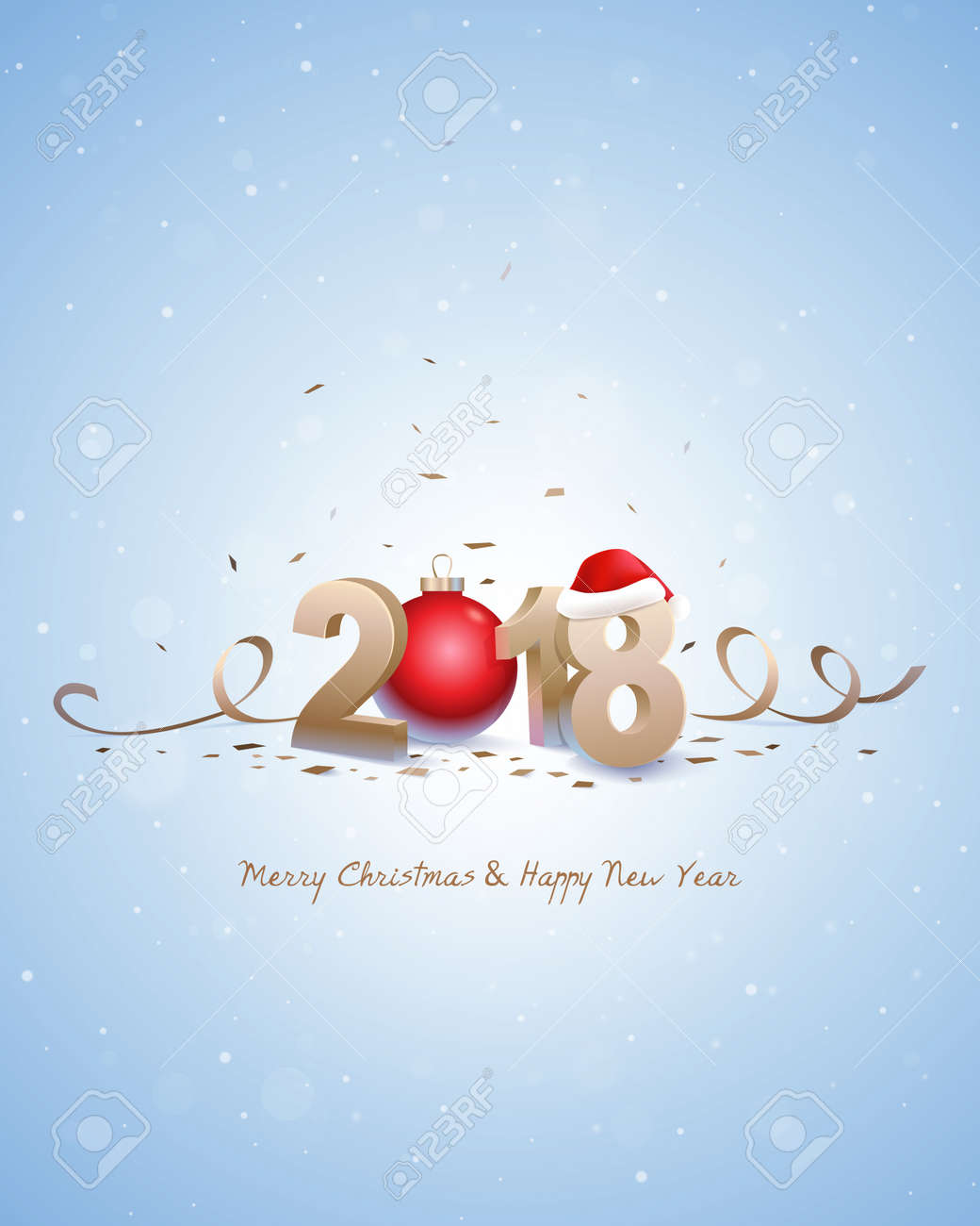 Bonne Annee 18 Et Joyeux Noel Numeros 3d Dores Avec Bonnet De Noel Boule De Noel Rouge Et Confettis Sur Un Fond Neigeux Lumineux Clip Art Libres De Droits Vecteurs Et