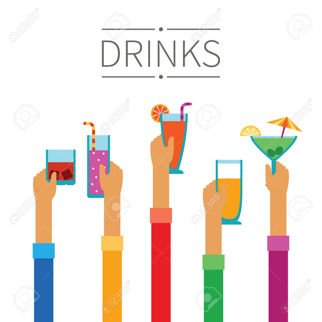 Raised hands with drinks and cocktails concept in flat style - 45723322 Raised hands with drinks and cocktails concept in flat style - 45723322