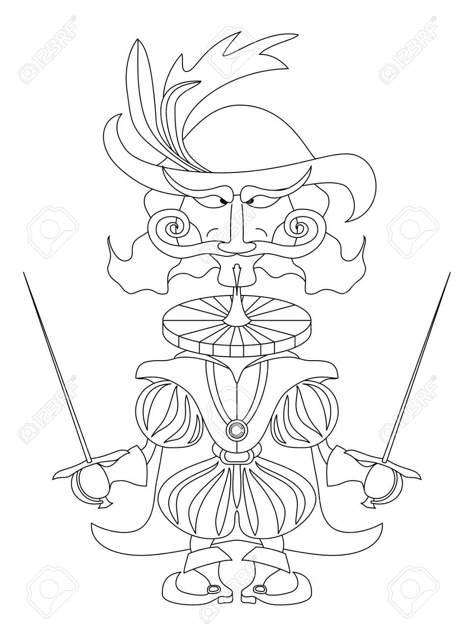 ファンタジーのヒーローは 2 本の剣と面白い漫画の漫画のキャラクター 厳しい表情で立っている勇敢なカウント剣士輪郭ベクトルのイラスト素材 ベクタ Image