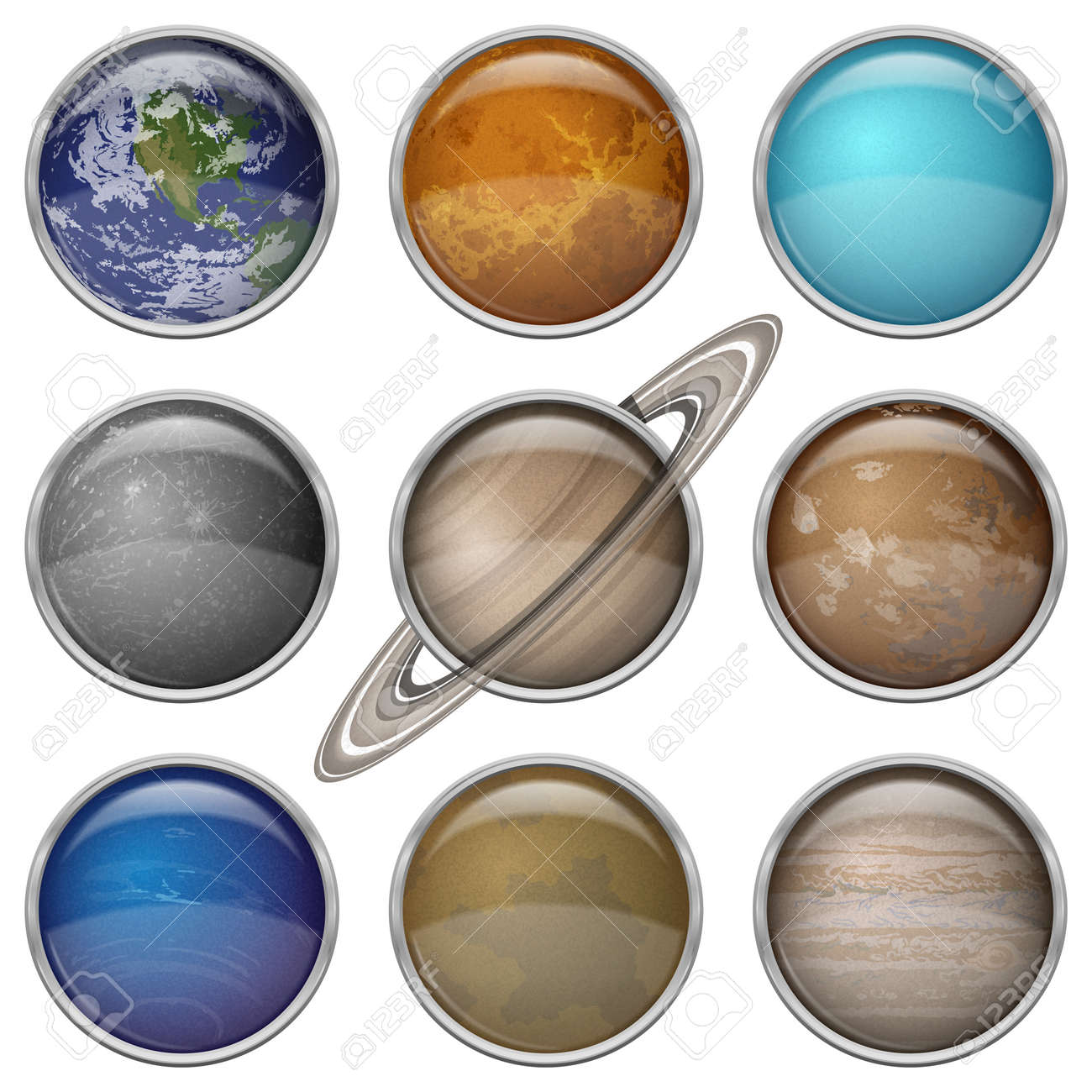 Set Of Isolated Space Buttons With Planets Of Solar System - Mercury,  Venus, Earth, Mars, Jupiter, Saturn, Uranus, Neptune And Pluto. Elements Of  This Image Furnished By Nasa (Http://Solarsystem.Nasa.Gov). Eps10, Contains  Transparencies.