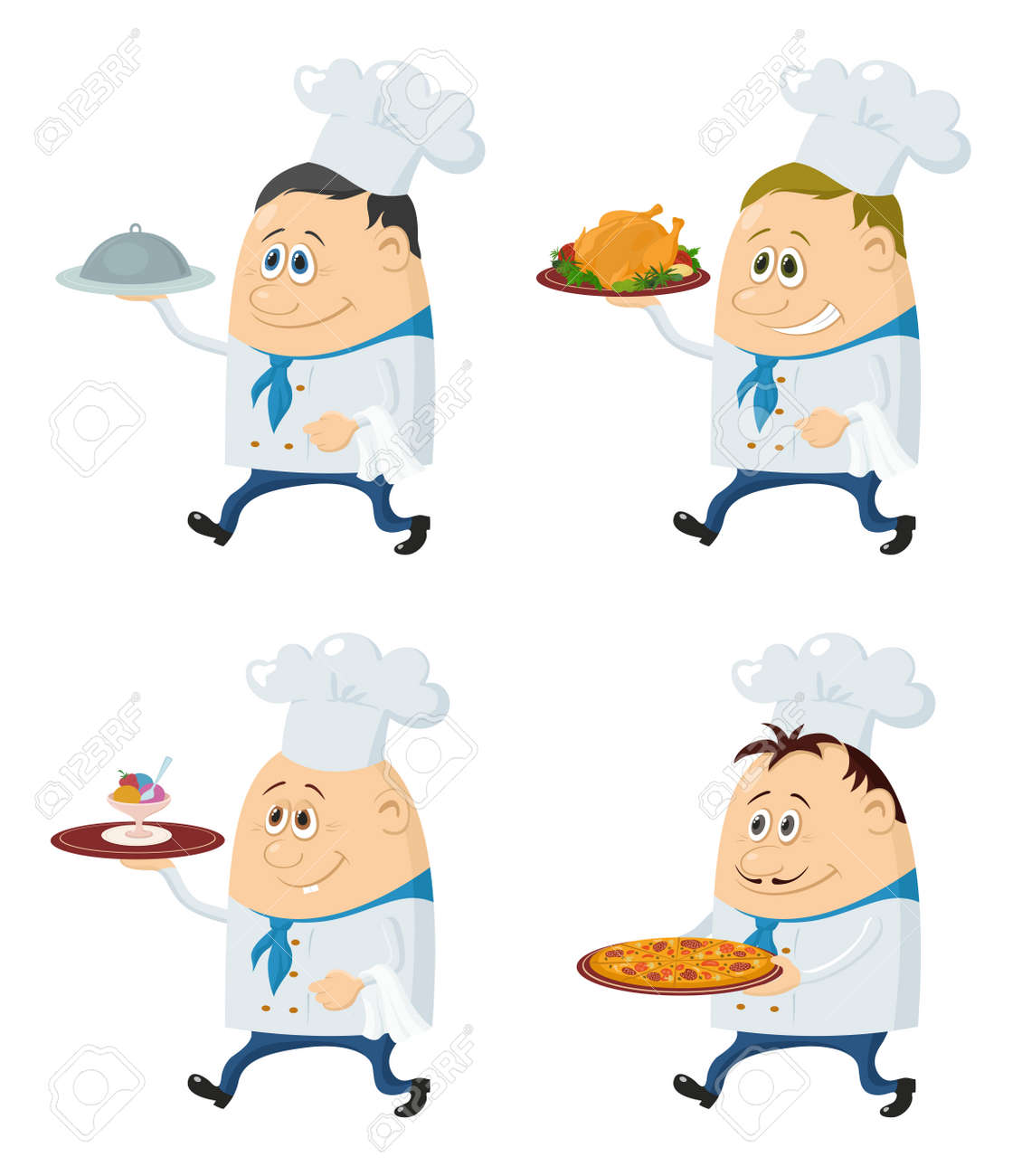 Définir Des Chefs Avec Différents Repas Sur Leurs Plateaux Pizza Dinde Rôtie Crème Glacée Personnages De Dessins Animés Drôle Isolé Sur Fond