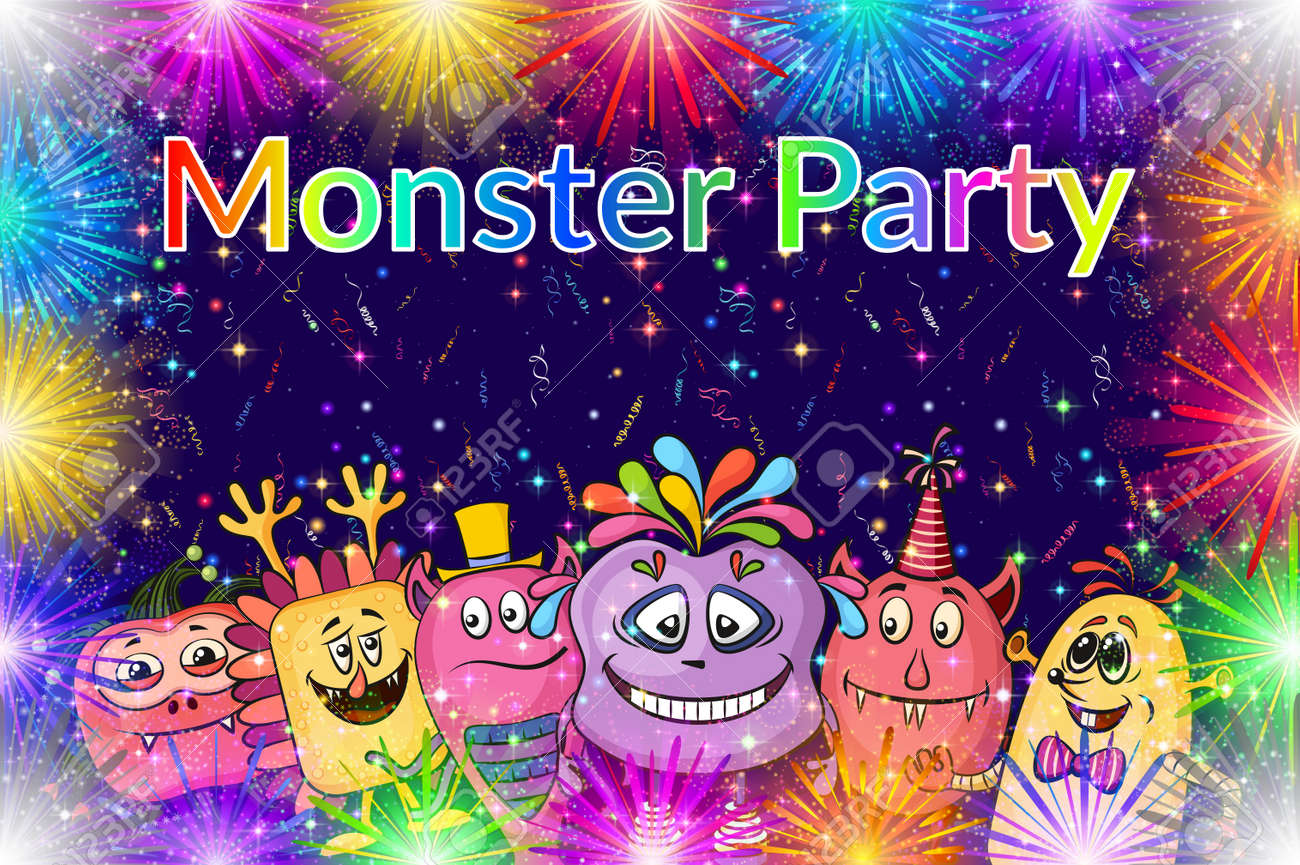別の漫画モンスターとホリデー パーティー デザイン かわいい面白いキャラクターと明るい花火でカラフルなイラストの背景 のイラスト素材 ベクタ Image