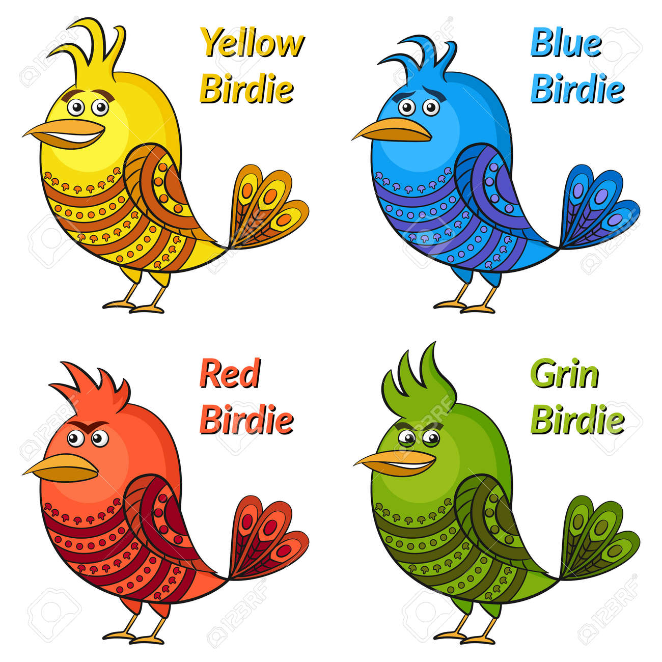 別の面白いカラフルな鳥の色や気分を設定 悲しい 赤怒っている 黄色明るく緑陰湿なかわいいパターンの漫画のキャラクター 白い背景で隔離の青 ベクトル のイラスト素材 ベクタ Image