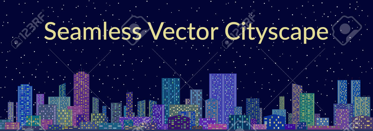 星空に対する高層ビル横のシームレスな景色 都市の背景夜の街 のイラスト素材 ベクタ Image