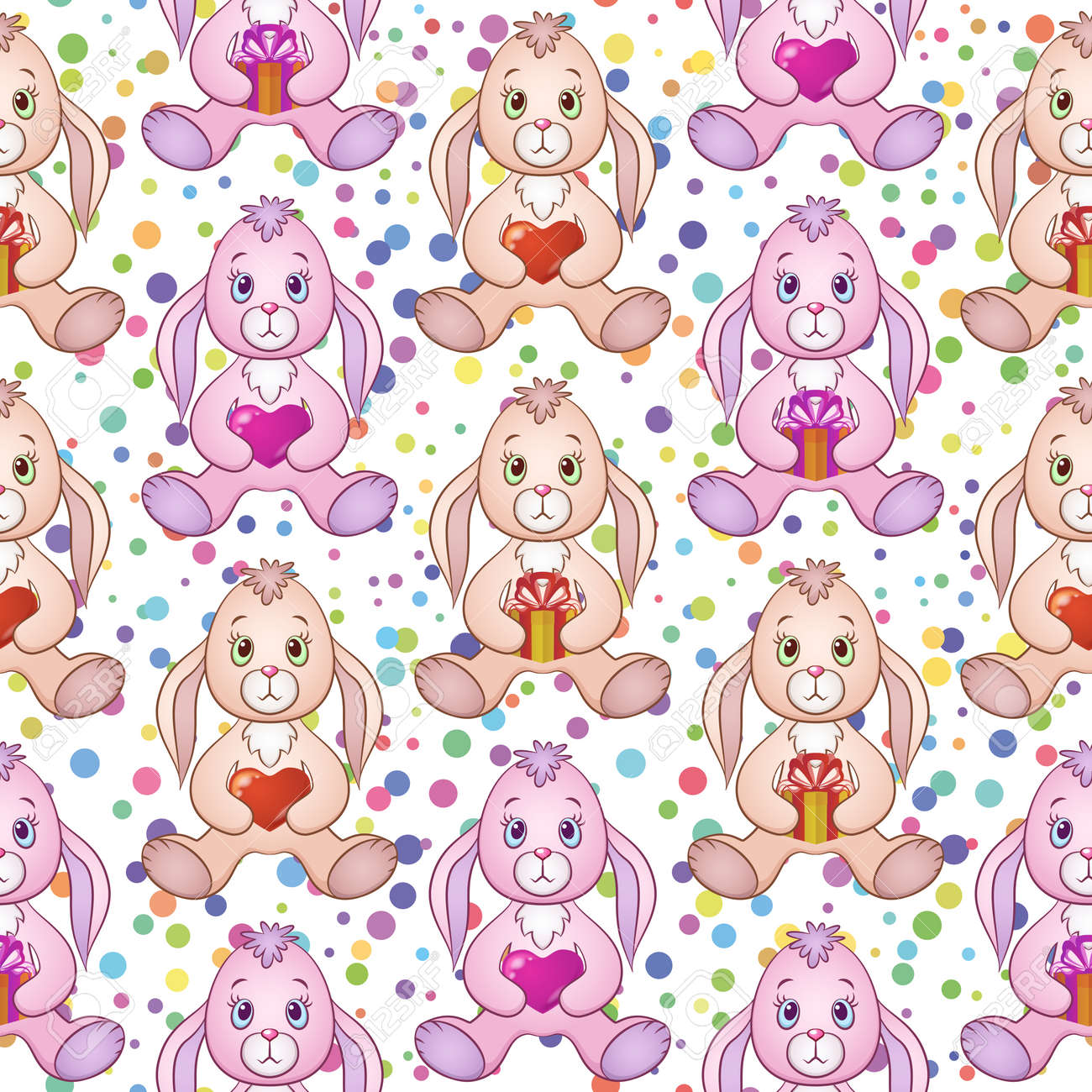 漫画家兎 バレンタインの心と足 ギフト ボックス シュガーバ ニーズとシームレスな休日背景タイルかわいいキャラクターとカラフルな紙吹雪パターンです Eps10 には 透明度が含まれています ベクトル のイラスト素材 ベクタ Image