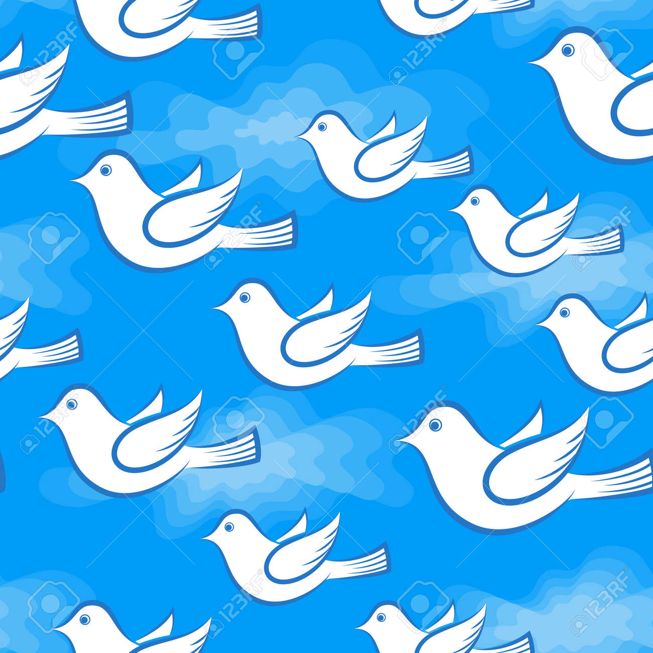 Un Fond Sans Couture Avec Des Oiseaux Blancs De Dessin Animé Volant Dans Le Ciel Avec Des Nuages Illustration De Carreau Pour Votre Conception