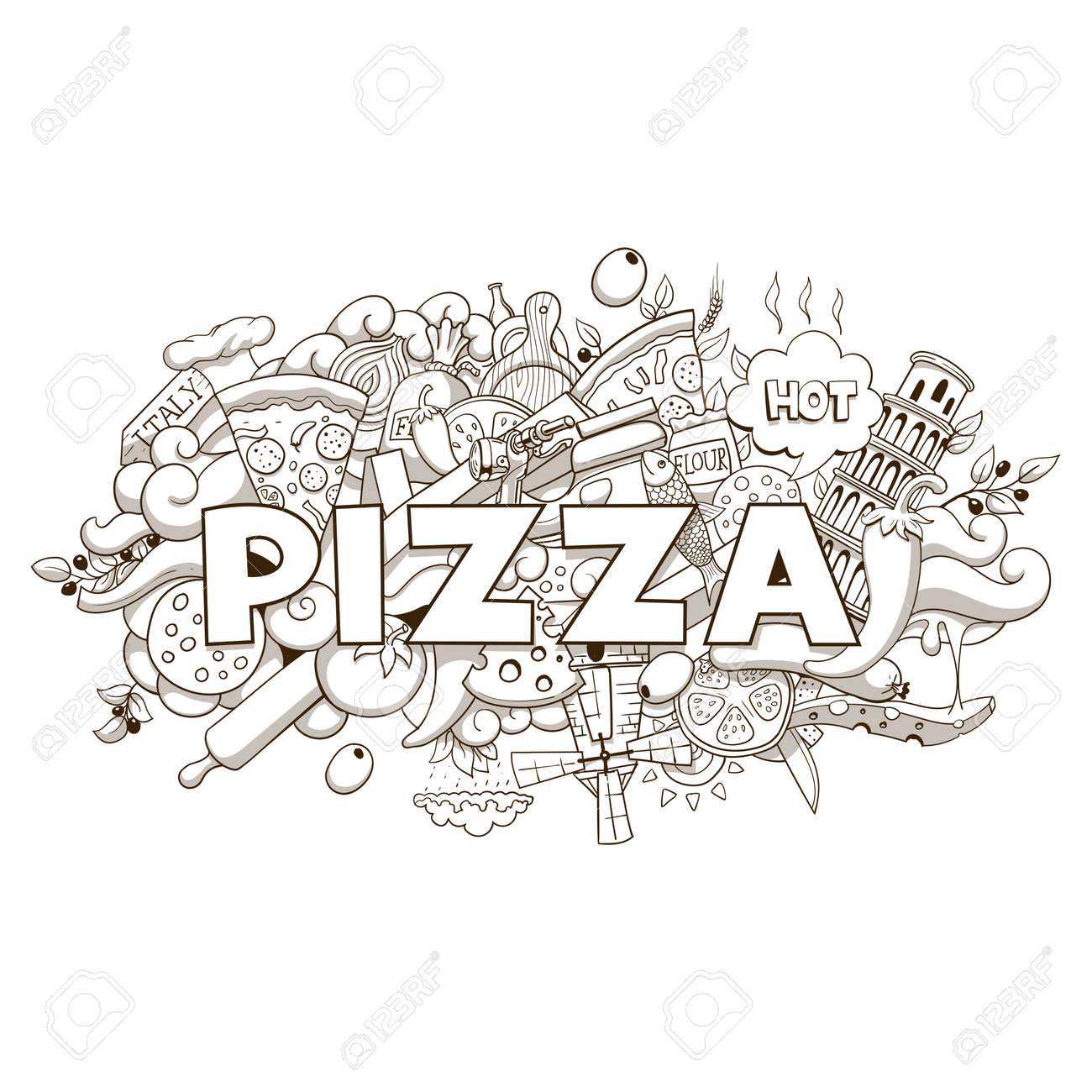 ピザの手描きのタイトル デザインの黒と白のベクトル図 のイラスト素材 ベクタ Image ピザの手描きのタイトル デザインの黒と白のベクトル図 のイラスト素材 ベクタ Image
