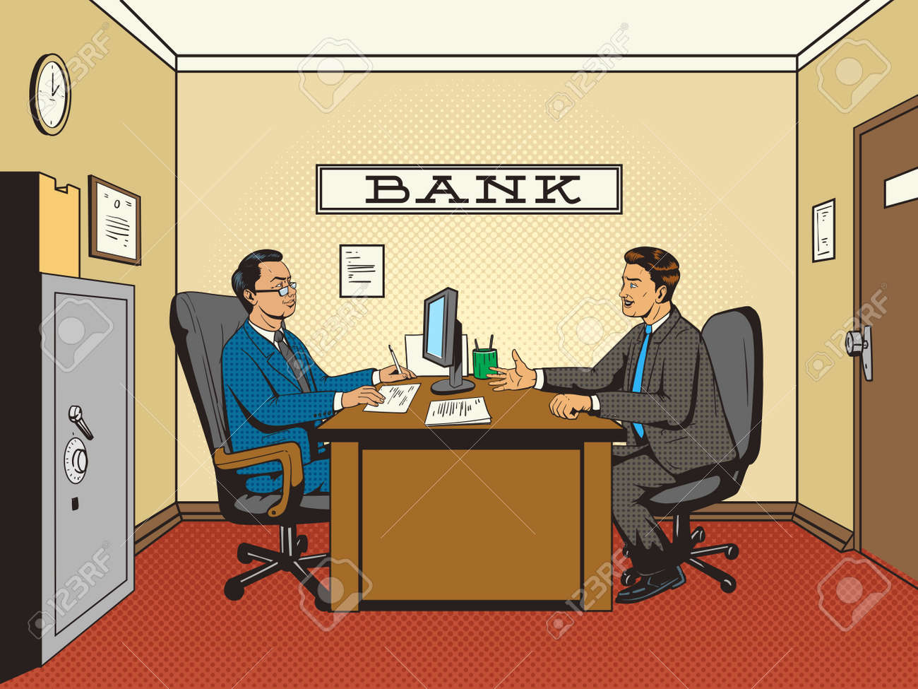 Businessman in bank pop art retro style vector illustration. Comic book style imitation. Man talks with banker - 58449222 Businessman in bank pop art retro style vector illustration. Comic book style imitation. Man talks with banker - 58449222