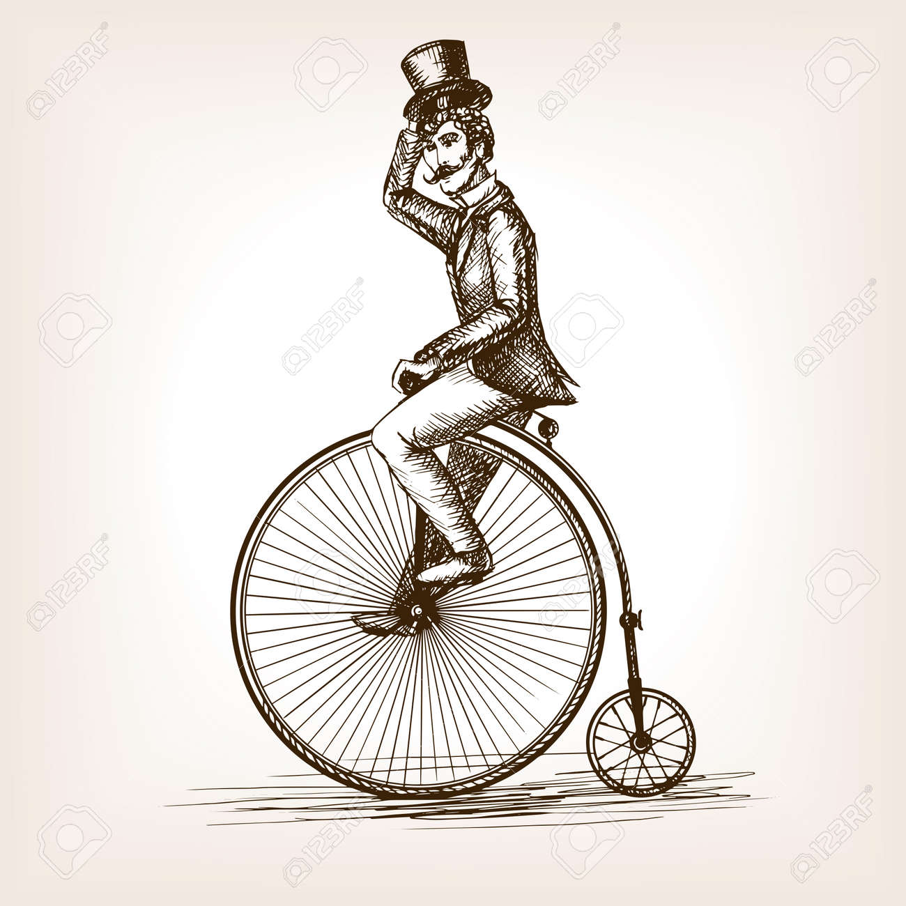 man on retro vintage old bicycle sketch style vector illustration