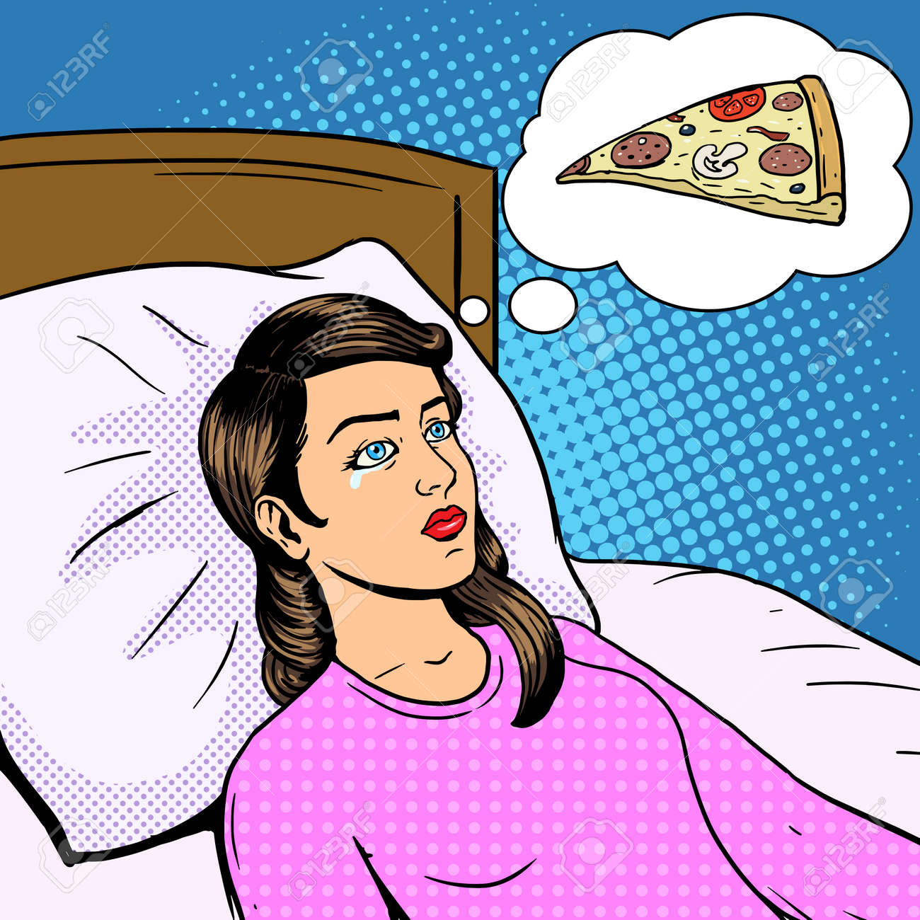 Woman on diet pop art style vector illustration. Woman dream about pizza. Hungry woman. Woman keeps diet. Comic book style imitation. Vintage retro style. Conceptual illustration - 52218957 Woman on diet pop art style vector illustration. Woman dream about pizza. Hungry woman. Woman keeps diet. Comic book style imitation. Vintage retro style. Conceptual illustration - 52218957