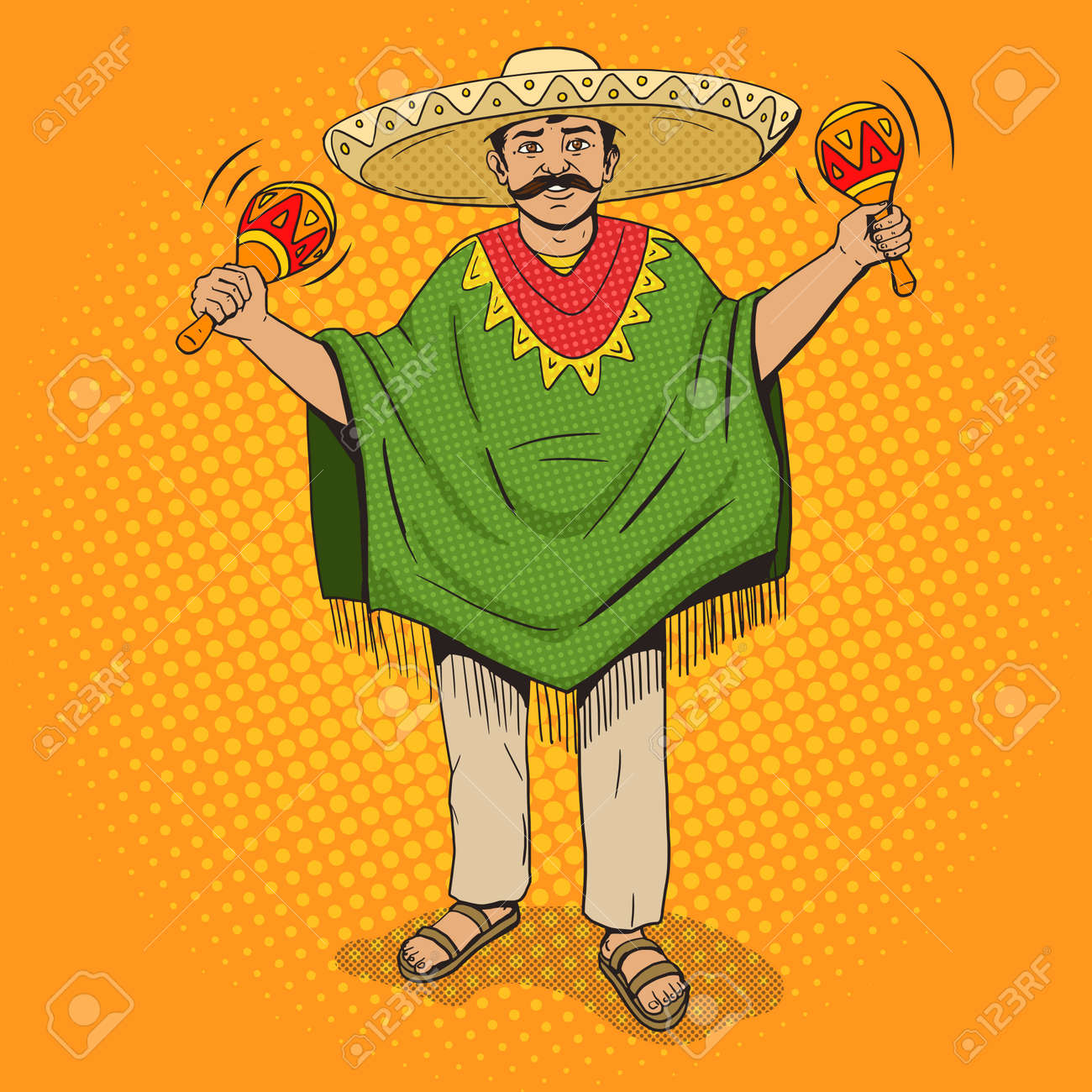 メキシコのソンブレロとポンチョ マラカス ポップアートのスタイルのイラスト ヒューマン イラストレーション コミック スタイルの模倣 ヴィンテージ レトロなスタイル 概念図 のイラスト素材 ベクタ Image