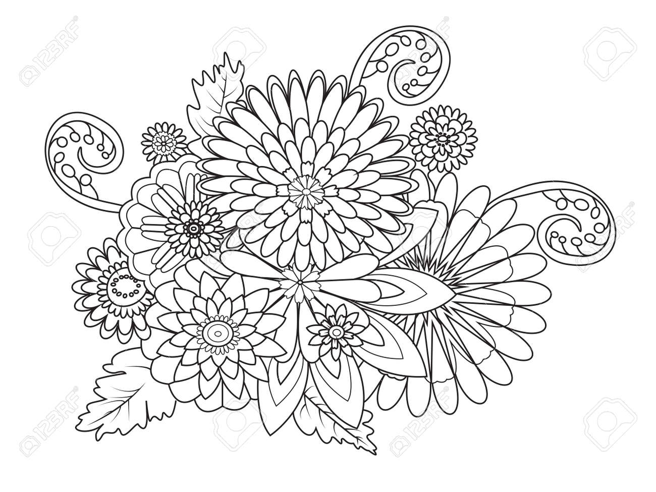Flowers Decor Ornament Coloring Book For Adults Vector Illustration Stock