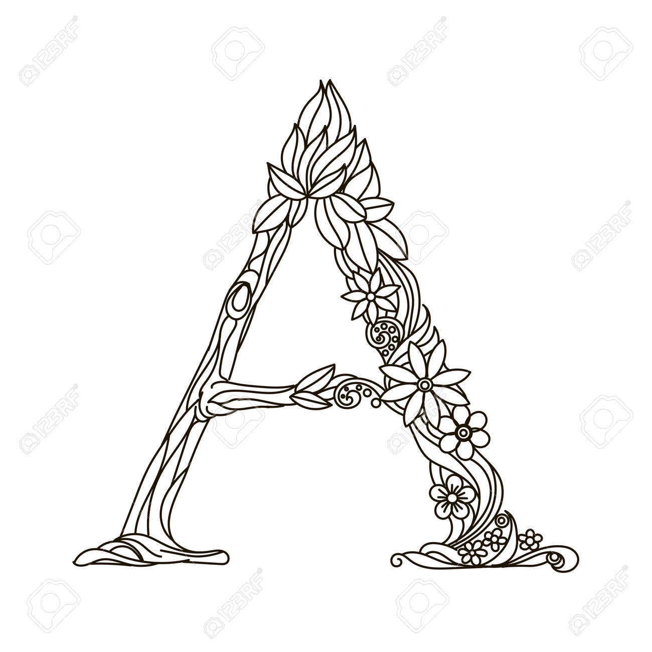 Floral Alphabet Letter Coloring Book For Adults Vector - Floral Alphabet Letter Coloring Book For Adults Vector