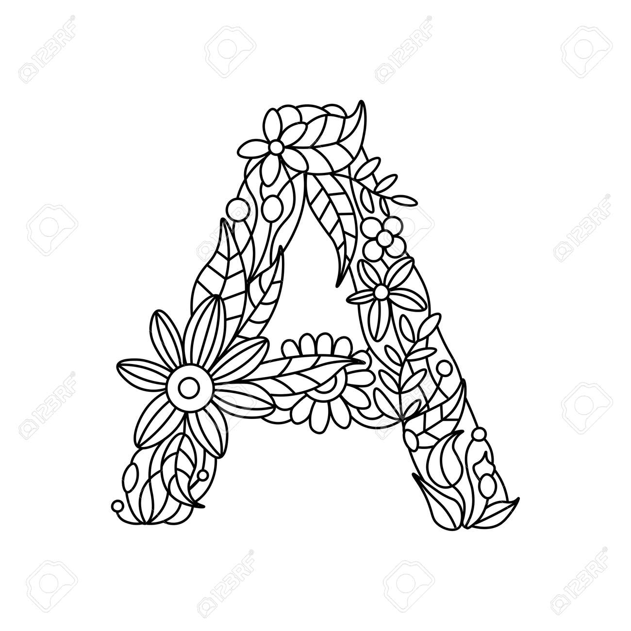 Floral Alphabet Letter Coloring Book For Adults Vector - Floral Alphabet Letter Coloring Book For Adults Vector
