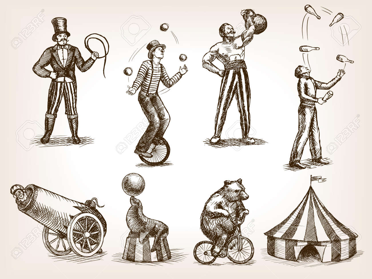 Retro circus performance set sketch style illustration. Old hengraving..
