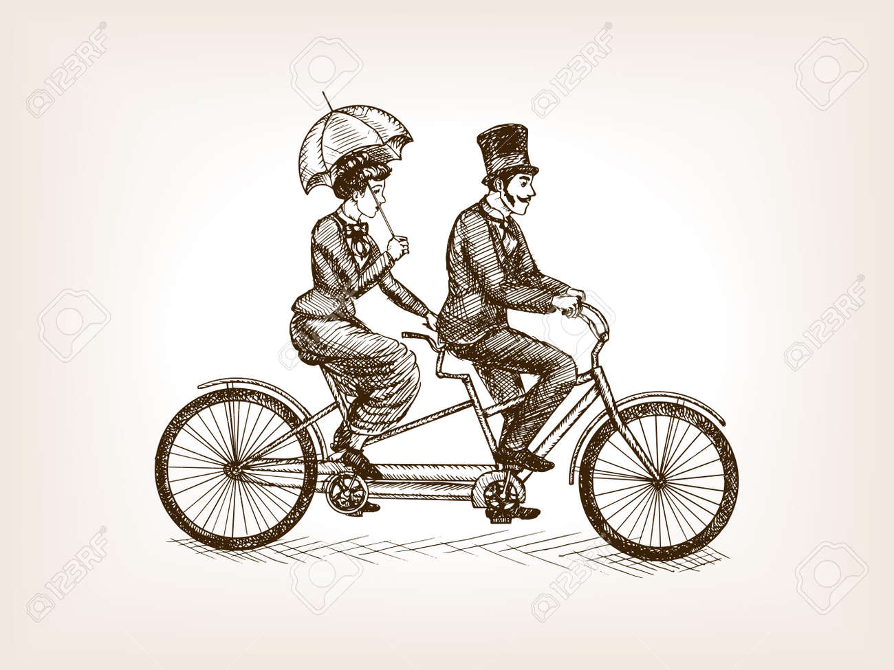 Vintage lady and gentleman ride tandem bicycle sketch style vector illustration. Old engraving imitation. - 59845193 Vintage lady and gentleman ride tandem bicycle sketch style vector illustration. Old engraving imitation. - 59845193