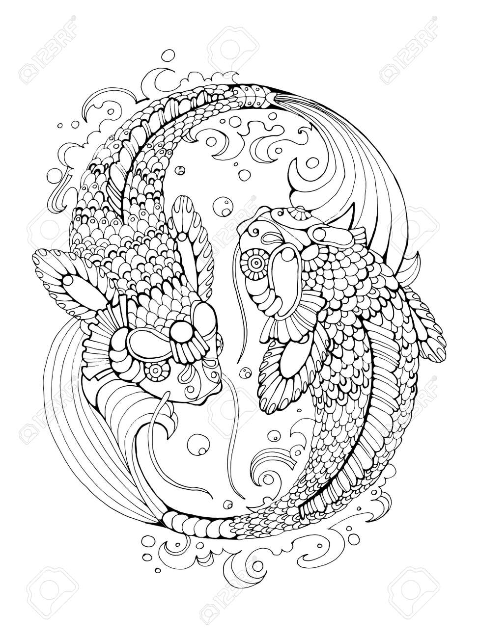 大人のための塗り絵鯉鯉魚ベクトル イラストです 大人のための着色抗ストレス 入れ墨のステンシルです 黒と白のライン レース パターンのイラスト素材 ベクタ Image 64821750