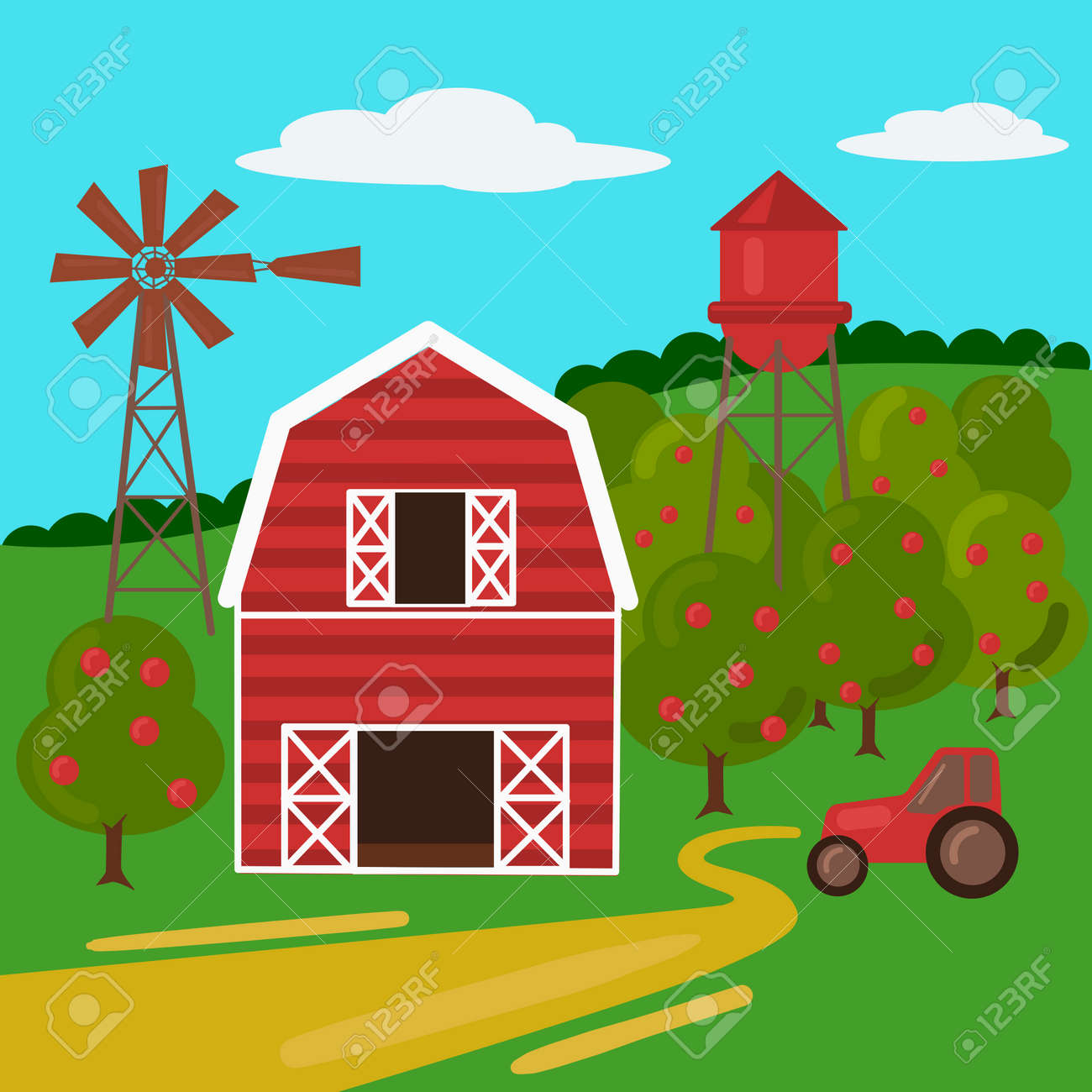 farm landscape with barn tractor and windmill cartoon colorful barn illustrationer