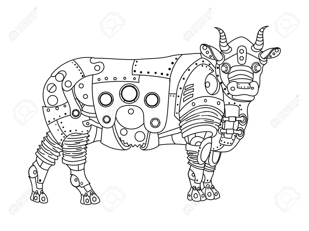 スチーム パンクなスタイルの牛 機械動物 大人のベクトル イラストの塗り絵 のイラスト素材 ベクタ Image