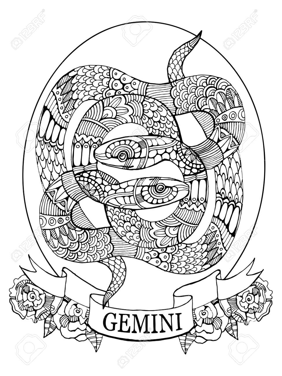 Gemini Zodiac Sign Coloring Book For Adults Vector Illustration Anti Stress Adult