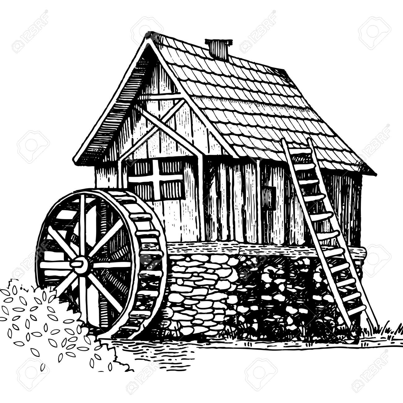 Ancien Moulin à Eau Gravure Illustration Vectorielle De Style